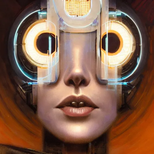 Image similar to detailed face of a synthetic sentient super - intelligent woman with nixie tube eyes warming up, warm space, rammed earth courtyard, cool skydome, fresh atmosphere, syd mead, livia prima, artgerm, greg rutkowski, pj crook, nick alm, casey baugh