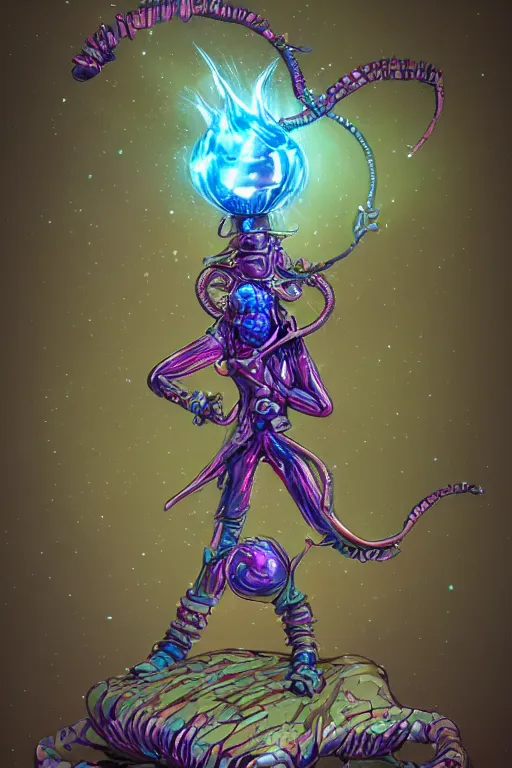 Prompt: frost worm companion, in the style of jim mcdermott and matt jefferies, trending on artstation, front lighting front view 6 0 s kitsch and psychedelia, character design, futuresynth, epic fantasy, sculpture