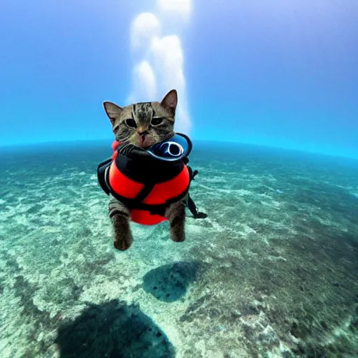 Image similar to cat wearing diving gear swimming in ocean, gopro footage 4k