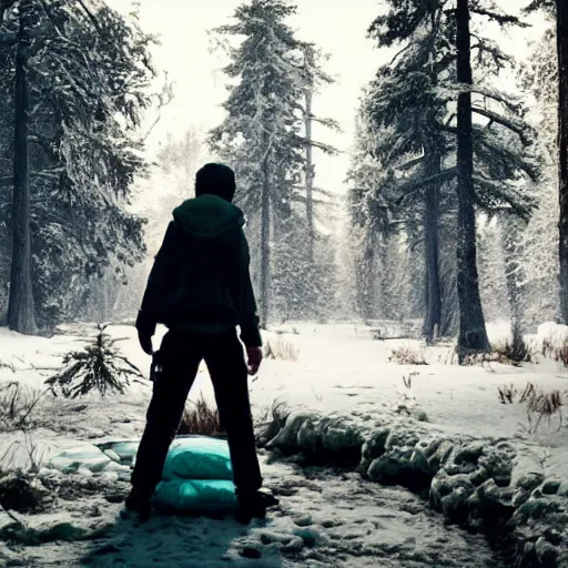 Image similar to a movie still from final fantasy live action, a traveler camping alone in the snow