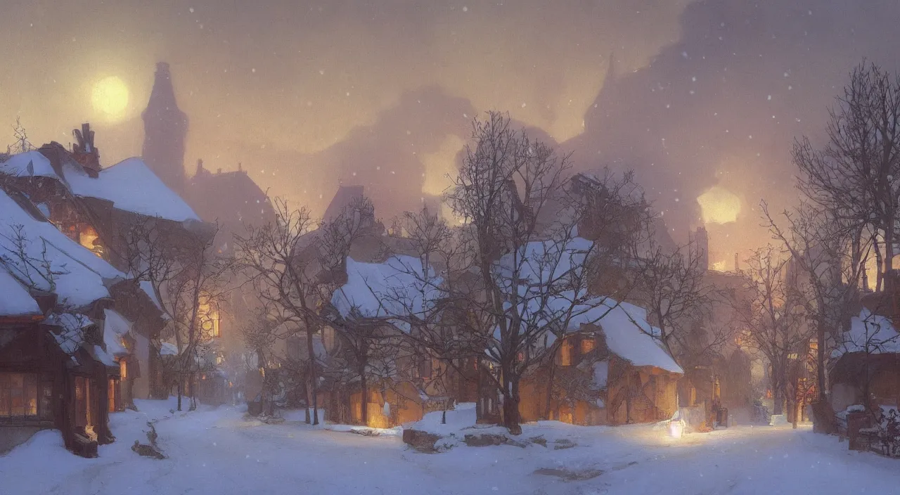 Image similar to A beautiful landscape painting of a small village in the snow at night, smoke rising from the chimneys, by Alfons Maria Mucha and Julie Dillon and Makoto Shinkai