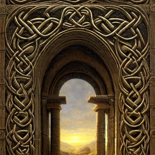 Prompt: a beautiful and highly detailed matte painting of an ancient celtic elven doorway to heavan, celtic knots, epic scale, insanely complex, hyperdetailed, sharp focus, hyperrealism, artstation, cgsociety, 8 k, by caspar friedrich, albert bierstadt, james gurney, brian froud,