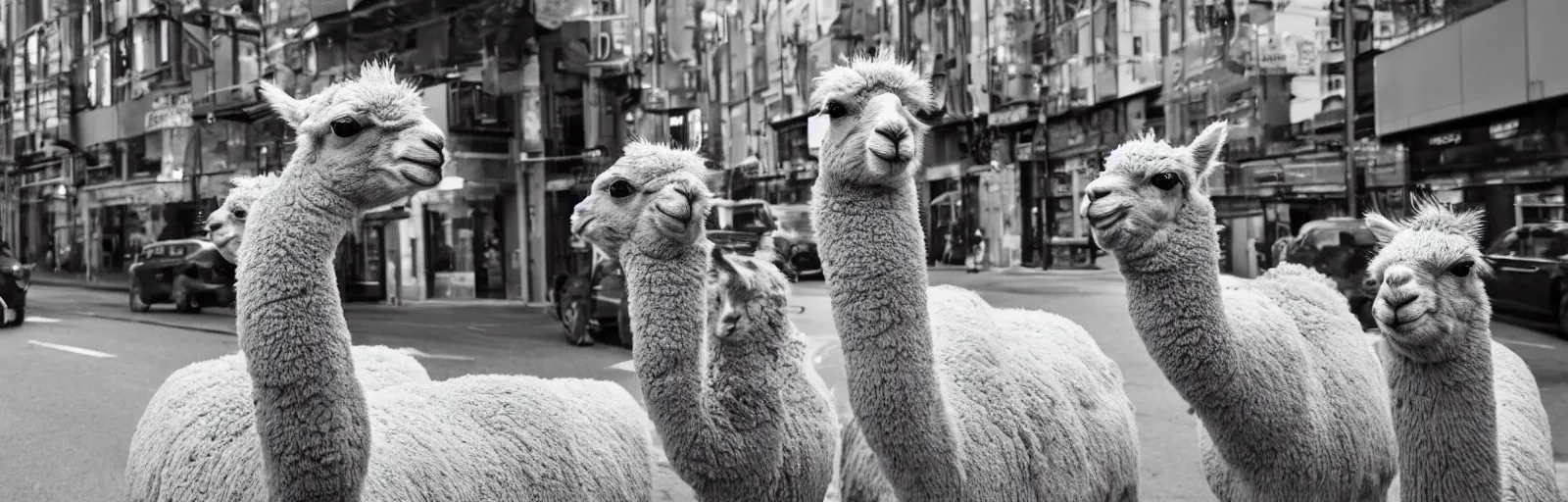 Prompt: <photograph accurate=true quality=very-high>looking out the window at a busy city street</photograph><photobomb>alpaca</photobomb>