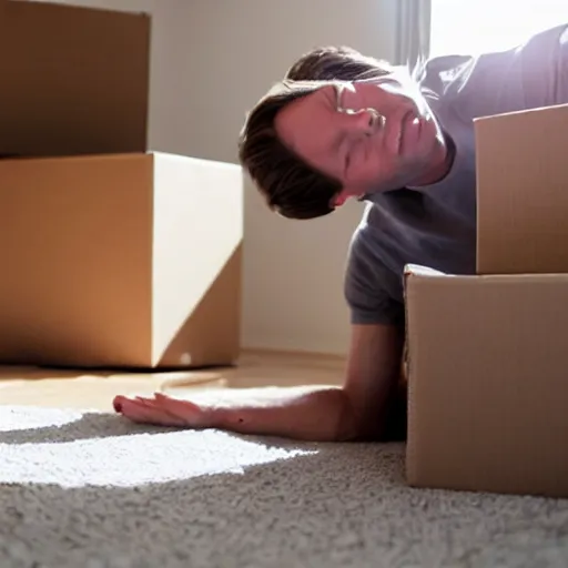 Image similar to moving day disaster. photo of man with long light brown hair throwing up all over himself