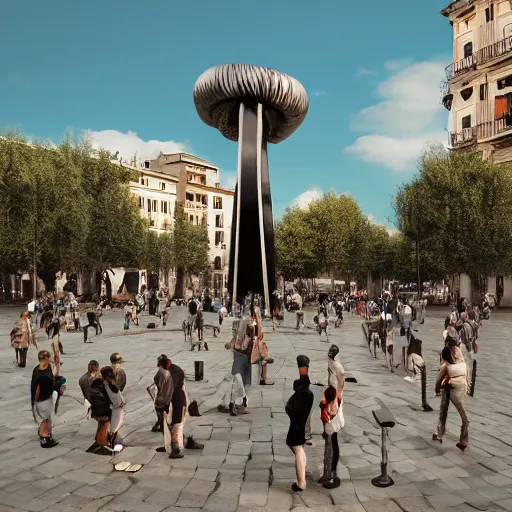 Prompt: photorealistic weird sculpture in the middle of plaza catalunya surrounded by people, barcelona, octane render, by origiful, 4 k