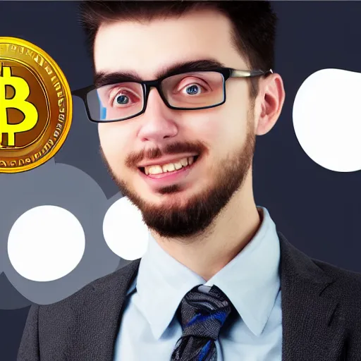 Image similar to digital art of software developer in a farewell from his company, cryptocurrency in the background