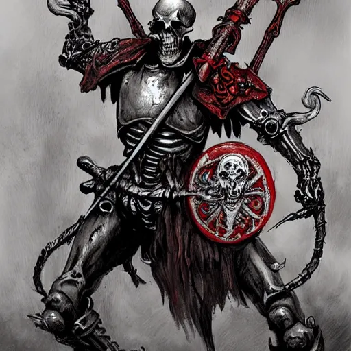 Image similar to concept art of skeleton holding a medieval shield and spear, d & d surrounded by red evil death tentacles, hyper detailed, hyper realistic, dark atmosphere, full body, full frame in the style of frank frazetta