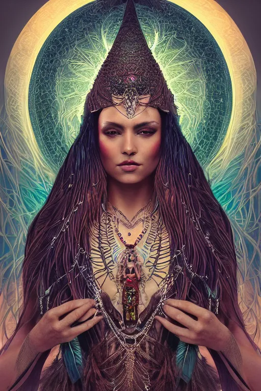 Image similar to a centered render of a single alluring mystical tribal goddess adorned with feathers and gemstones and cables and synthesizer parts is surrounded by sacred geometry made from elven architecture, full body, gorgeous, perfect face, powerful, cinematic, beautifully lit, by artgerm, by karol bak, 3 d, trending on artstation, octane render, 8 k