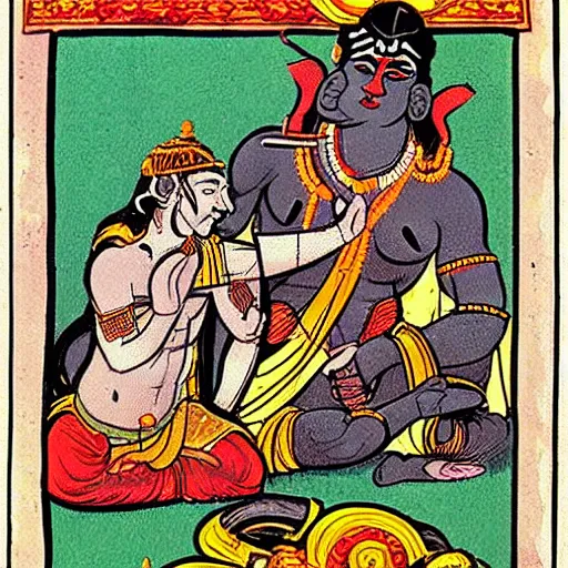 Image similar to comic book illustration of a muscular lord shiva removing the head of his son ganesha, holding an elephant head on his hand