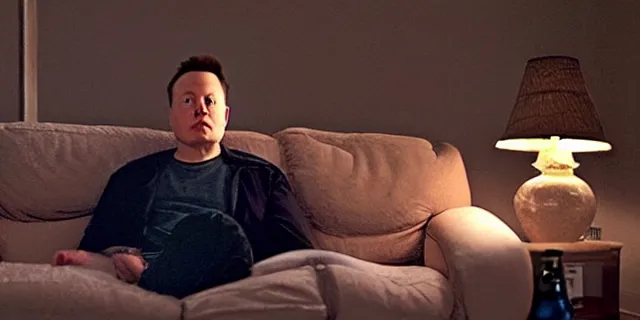 Image similar to full room shot of sad bald poor elon musk drinking a can of beer in the couch while watching tv in a dirty house, very realistic photograph, cinematic lighting, dardenne brothers, trailer park boys