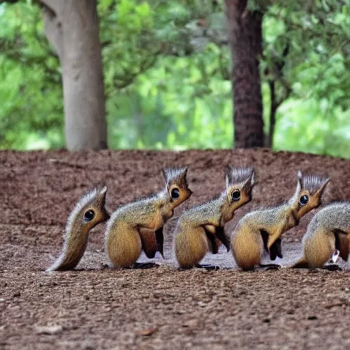 Image similar to army of squirrels fighting against child