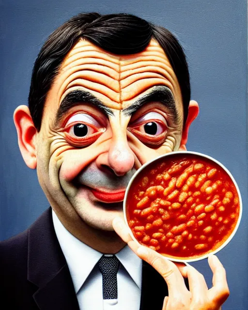 Image similar to portrait of mr bean's face in a bowl full of baked beans, head fully covered in beans and tomato sauce, beans on his eyes, tomato sauce on his skin, rowan atkinson, muted colors, surrealist oil painting, highly detailed