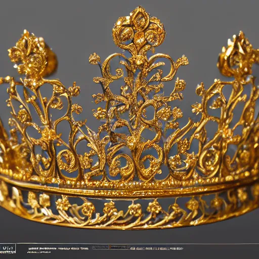 Image similar to Ultra realistic fantasy tiara, intricate detailed, gilded gold and diamonds, sharp focus, Symmetrical composition, octane render, high quality, 8k, volumetric lighting, on black background !dream