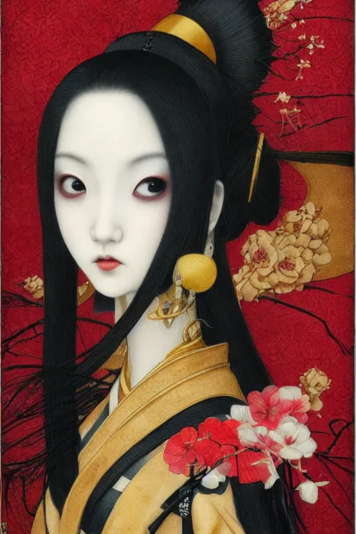 Prompt: watercolor painting of a japanese bjd geisha vampire with a long neck by tom bagshaw, amy sol, mark ryden in the style of thoth tarot card, dark - fantasy, showa era, red, gold, black, sakura flowers
