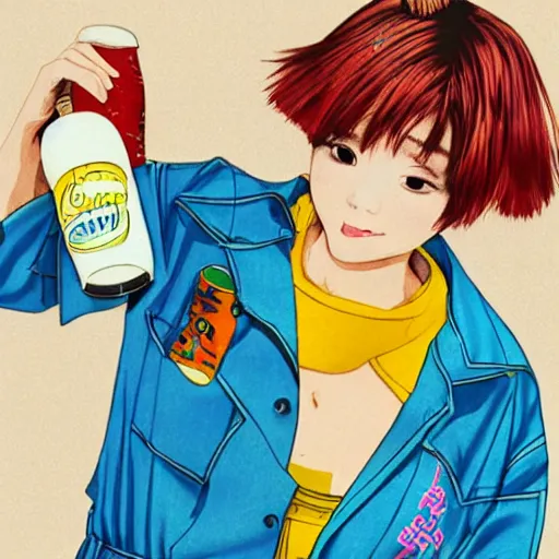 Image similar to y 2 k aesthetic japanese pop - culture magazine illustration, girl in tank - top and denim jump suit holding a can of soda near her smiling face