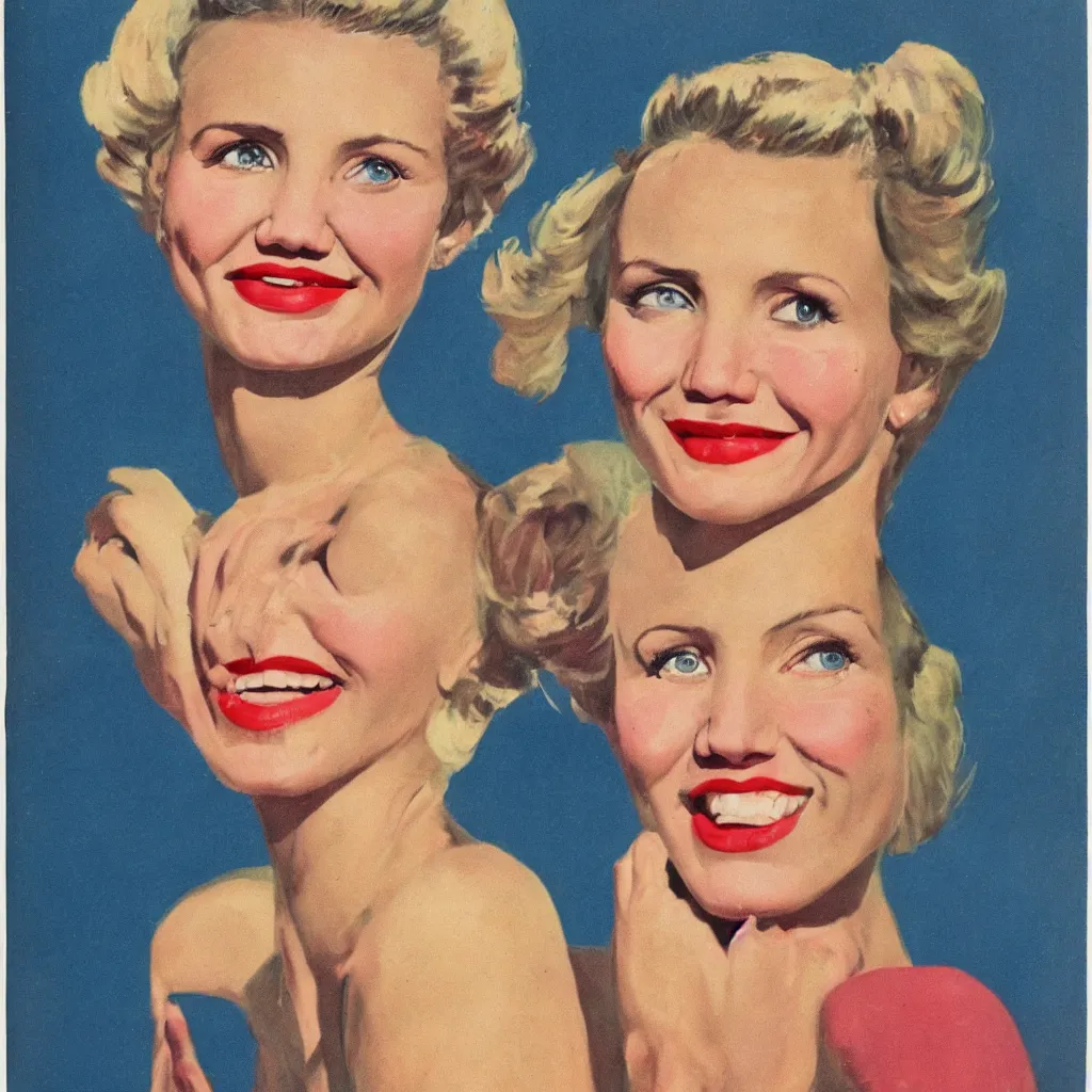 Image similar to Cameron Diaz portrait, color vintage magazine illustration 1950