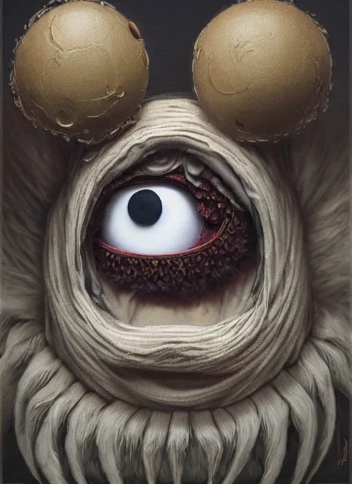 Image similar to muppet mf doom googly glossy eyes, felt muppet skin. intricate cotton puffs, elegant, highly detailed, centered, digital painting, artstation, concept art, smooth, sharp focus, illustration, artgerm, tomasz alen kopera, peter mohrbacher, donato giancola, joseph christian leyendecker, wlop, frank frazetta