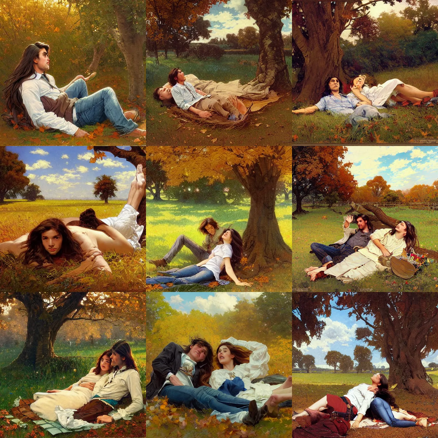 Image similar to young man and woman with long brown hair, laying under a tree looking at clouds autumn, ( ( ( wearing jeans ) ) ), by stanley artgerm lau, greg rutkowski, thomas kindkade, alphonse mucha, loish, norman rockwell