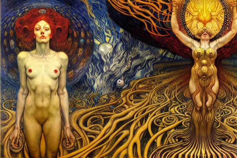 Image similar to Divine Chaos Engine by Karol Bak, Jean Delville, William Blake, Gustav Klimt, and Vincent Van Gogh, symbolist, visionary