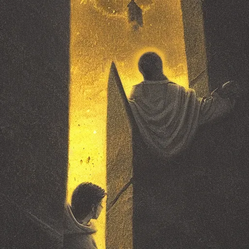 Prompt: Close up of a terrified young catholic priest at the top of a medieval tower watching in fear as an ominous yellow shadow descends upon him from the night sky. His face is seen from above. High angle, dramatic lighting. Award-winning digital art, trending on ArtStation