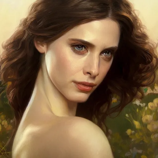 Image similar to a portrait painting of alison brie / anne hathaway / rachel lane hybrid in the oil painting unreal 5 daz. rpg portrait, extremely detailed artgerm greg rutkowski alphonse mucha vladimir volegov