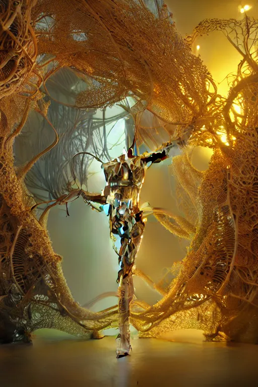 Image similar to intricate hyper detailed ultra sharp 3 d render, unity of mood, biomechanical cyborg ladies dancing, atmospheric, foliage, white large pore fungi, cyberpunk art nouveau, haute couture alexander mcqueen leaves stems colorful dahlias blooming transparent fractal filigree roots, intricate details, octane render, volumetric cinematic lighting, natural beautiful light, yellow infrared, lumiol, 8 k,