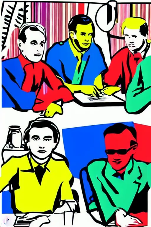 Image similar to 5 men writing code on laptops around a table, pop art, warhol