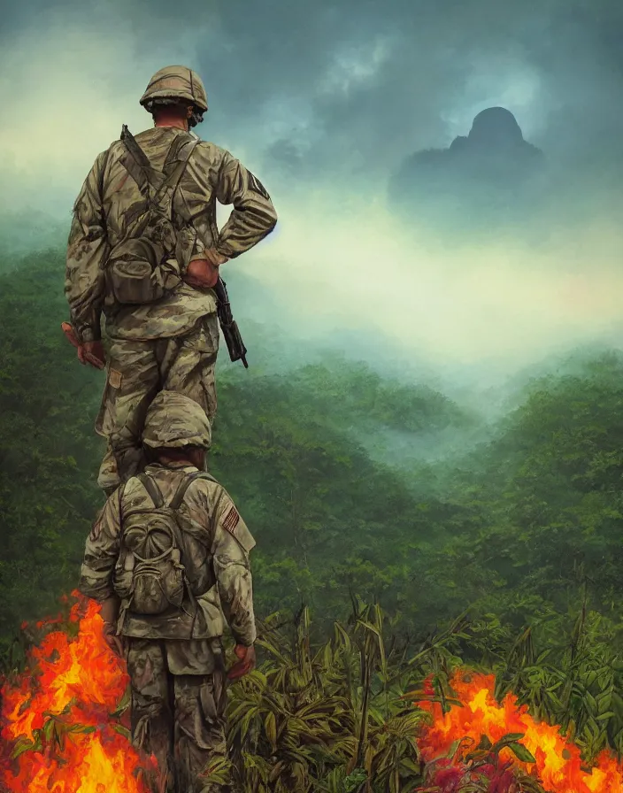 Prompt: A lonely american soldier beholds the vastness of the jungle at the Vietnam War, fire and grey and white mist, boixcar style, vaporwave vaporwave vaporwave oil on canvas cover art with warm and vibrant colors, cinematic lighting, art by Stanley ‘Artgerm’ Lau, Greg Rutkowski and Alex Ross, award-winning masterpiece with incredible and beautiful details digital art, trending on artstation, smooth, HD, 4K
