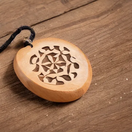 Prompt: a hand - carved wooden talisman made to ward off poltergeists, studio photography, high quality
