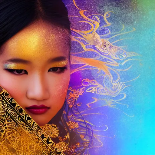 Image similar to asian girl, liquid golden and black fluid, magic hour, dramatic light, liquid painting, golden bodypaint, world best photography, indian patterns, bokeh, golden jewelry filigree, body detaily, ornaments, fresco by michealangelo, golden rays, god rays, epic cinematic wallpaper