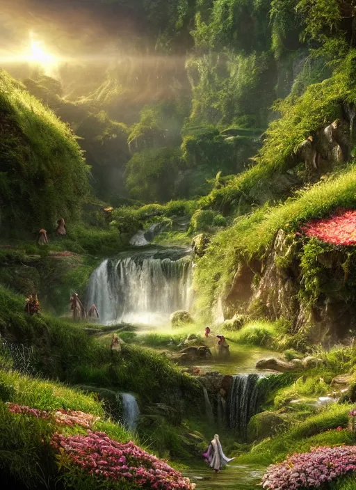Prompt: an elegant fairy playing in the distance, lord of the rings scenery landscape, a vast lush valley flowers and mushroom structures, stream, sunrise, god's rays highly detailed, vivid color, cinematic lighting, perfect composition, 8 k, gustave dore, derek zabrocki, greg rutkowski, belsinski, octane render