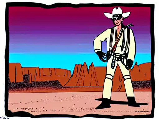 Image similar to an illustration of the Lone Ranger in the wild west town. flat colors, limited palette in FANTASTIC PLANET La planète sauvage animation by René Laloux