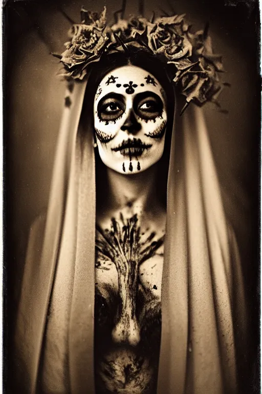 Image similar to photogravure, tintype virgin mary in dia de muertos dress and make up, horrific beautiful vibe, evocative, atmospheric lighting, painted, intricate, highly detailed, leesha hannigan, wayne haag, reyna rochin, ignacio fernandez rios, mark ryden, iris van herpen, stunning, gorgeous, sharp focus, cinematic, masterpiece