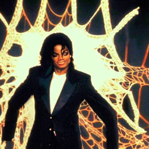 Image similar to Micheal Jackson playing spider man swinging with webs