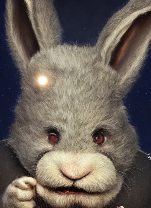 Image similar to hyper realistic, portrait of a derpy half mr. bean, half big chungus, with bunny rabbit ears, very fuzzy, furry, smoking weed, by greg rutkowski, scott m fischer, artgerm, loish, slight glow, atmospheric, anne stokes, alexandros pyromallis, 4 k, 8 k