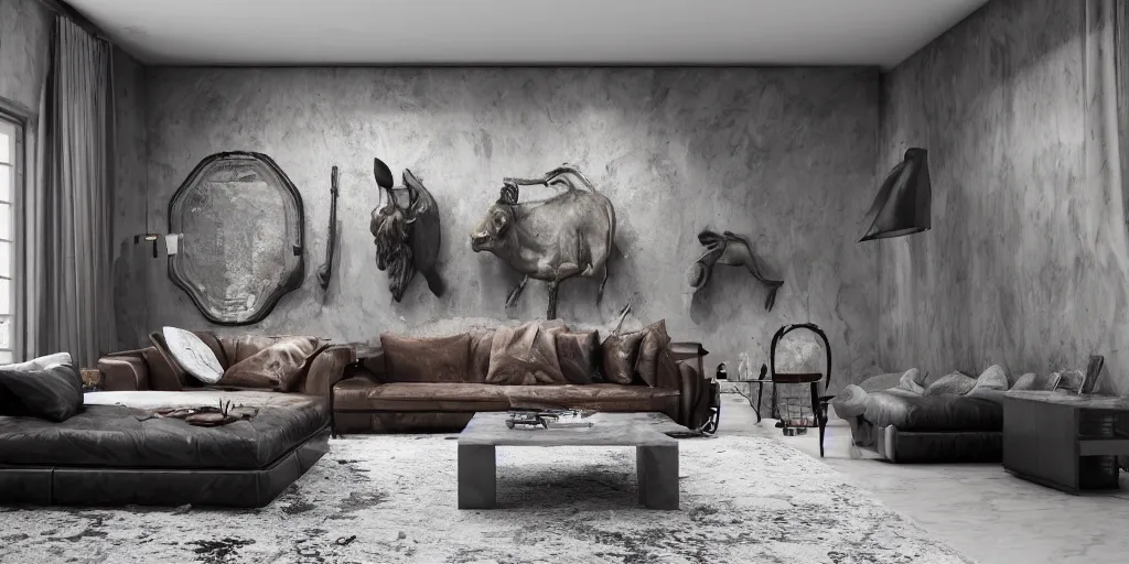 Image similar to ultra wide - angle photography of rich man's house, leather sofa, hunting trophies, artifacts and marble sculptures, octane render, darkslategray wall, ultra details, interior design, 8 k