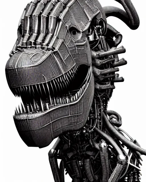 Prompt: mechanical robot trex transformer dinosaur head, bold line symmetrical illustration by peter gric, hr giger, kim jung gi, joe fenton, scifi, screen print, art station, zbrush, sharp, high contrast, ultrafine hyper detailed,