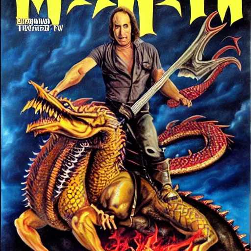 Image similar to heroic painting of Saul Goodman riding a dragon as the cover of a Heavy Metal magazine from the 1980s
