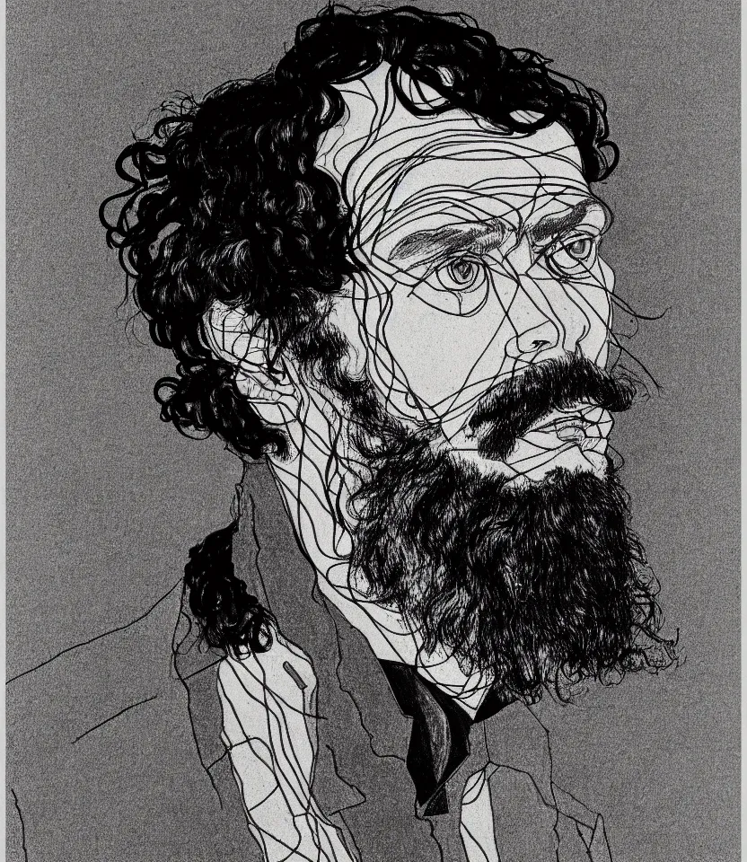 Prompt: detailed line art portrait of fyodor dostoevsky, inspired by egon schiele. caricatural, minimalist, bold contour lines, musicality, soft twirls curls and curves, confident personality, raw emotion