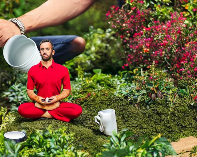 Prompt: mr robert is drinking fresh tea, smoke pot and meditate in a garden from spiral mug, detailed glad face, muscular hands and arms, golden hour closeup photo, red elegant shirt, eyes wide open, ymmm and that smell