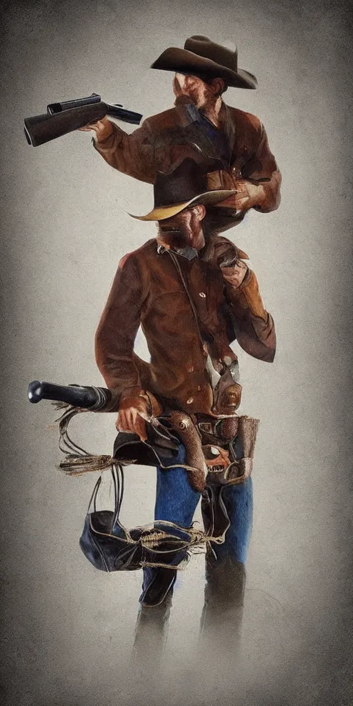Image similar to a cowboy wearing a cowboy hat and shooting a revolver into the air. digital art. trending on artstation.