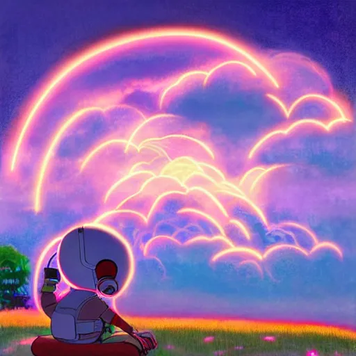 Image similar to a dream machine connected to a boy with a helmet and electric cable with colorfull rays of light illuminate the environment by vanessa morales, studio ghibli,