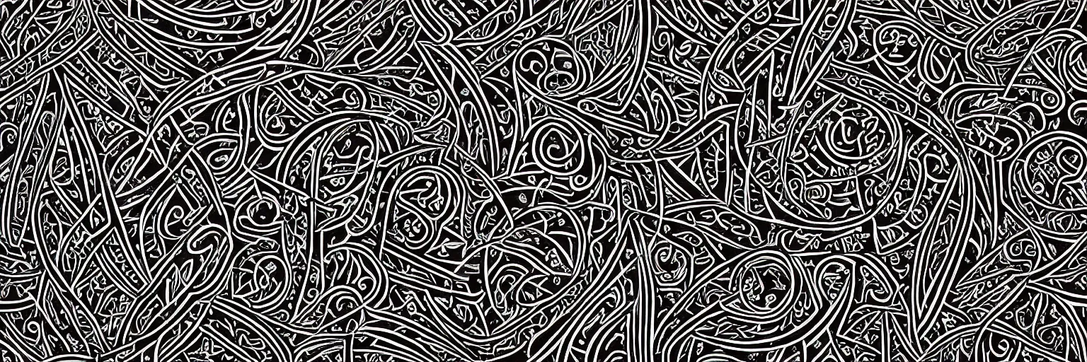Image similar to intricate design pattern for elvish symbols and runes tattoos, white lines on black background