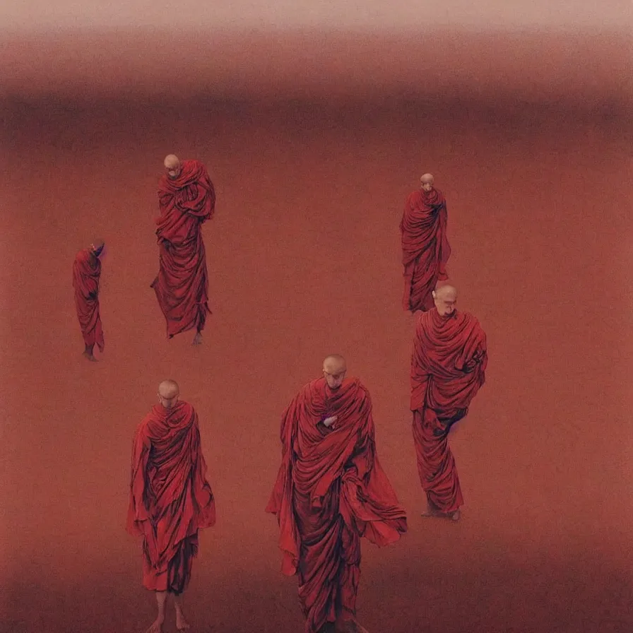 Prompt: faceless monks on a desert, red color scheme, high detailed beksinski painting, by adrian ghenie and gerhard richter. art by takato yamamoto. masterpiece, deep colours
