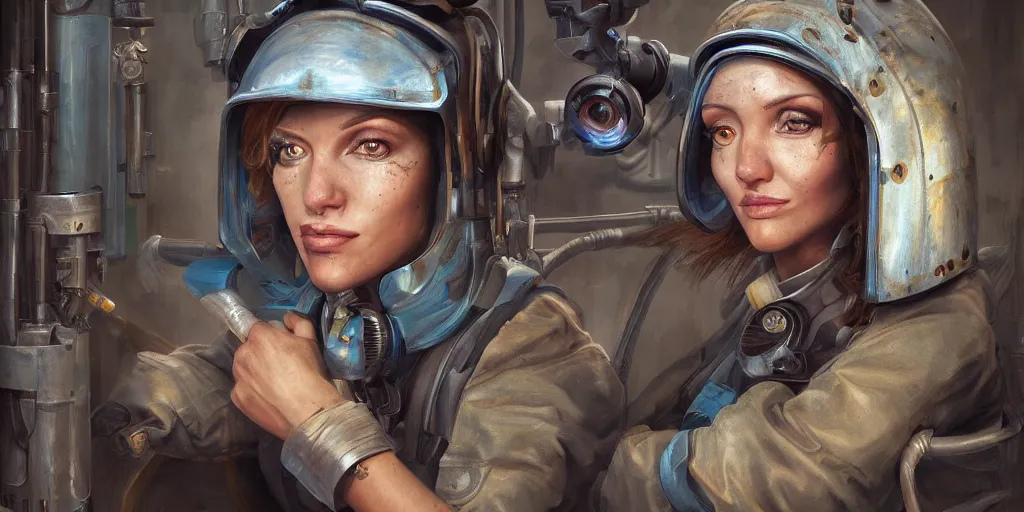 Prompt: highly detailed portrait painting of welder and angelina joile, mono eyed, by eddie mendoza and tyler edlin, windows, 8 k resolution