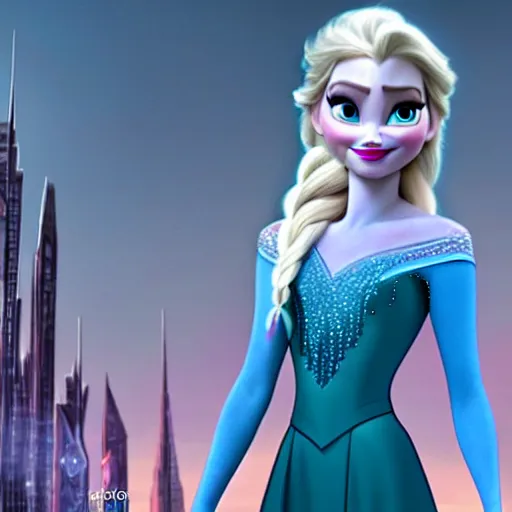 Image similar to elsa from frozen as a superhero in a dystopian cyberpunk city, animated style, cartoon style