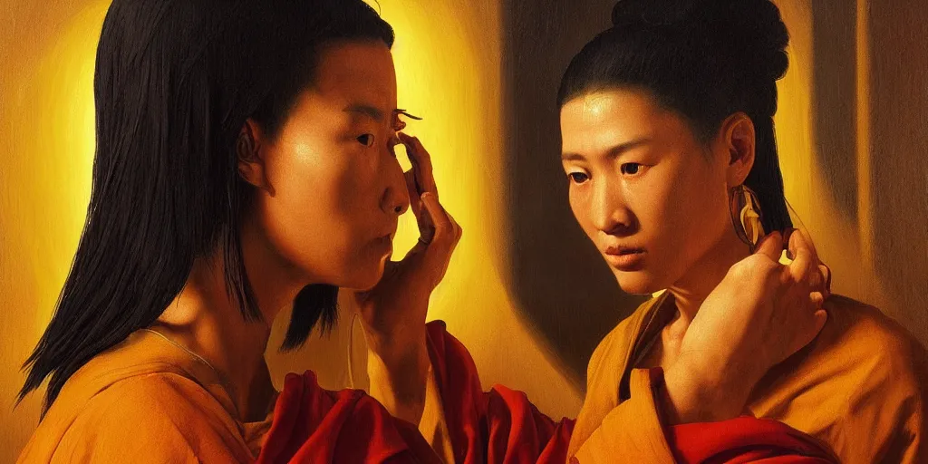 Prompt: beautiful oil matte portrait painting, cyberpunk tibetan monk getting third eye cybernetic enhancements, wonderful masterpiece highly detailed, beautiful cinematic light deep focus, elegant, digital painting, smooth, sharp focus, golden ratio, dramatic illumination, ultra realistic, 8 k, art by artemisia lomi gentileschi and caravaggio