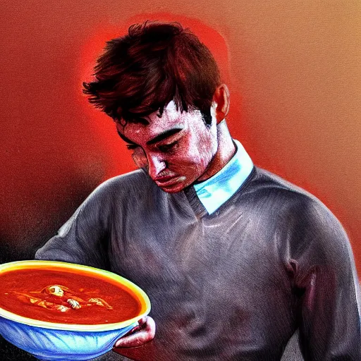 Prompt: Charles leclerc crying into a bowl of tomato soup, digital art, 8k