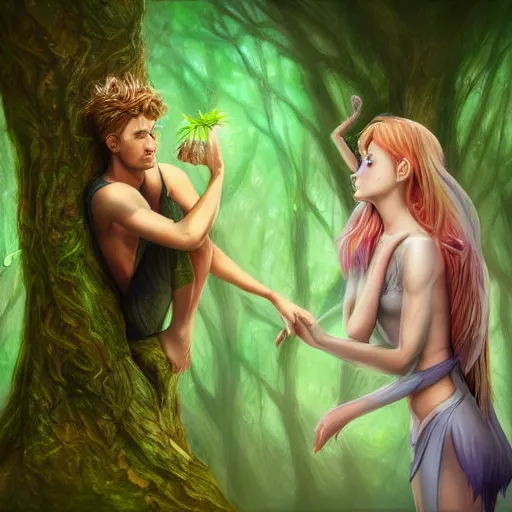 Prompt: a male fairy and a female fairy turn into a tree, highly detailed, digital painting, sharp focus, fantasy art, ultra realistic, 4 k