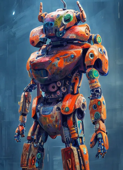 Image similar to detailed full body concept art illustration colorful oil painting of a robotic animal in full intricate colorful clothing, ultra detailed, digital art, octane render, dystopian, zero dawn, 4k
